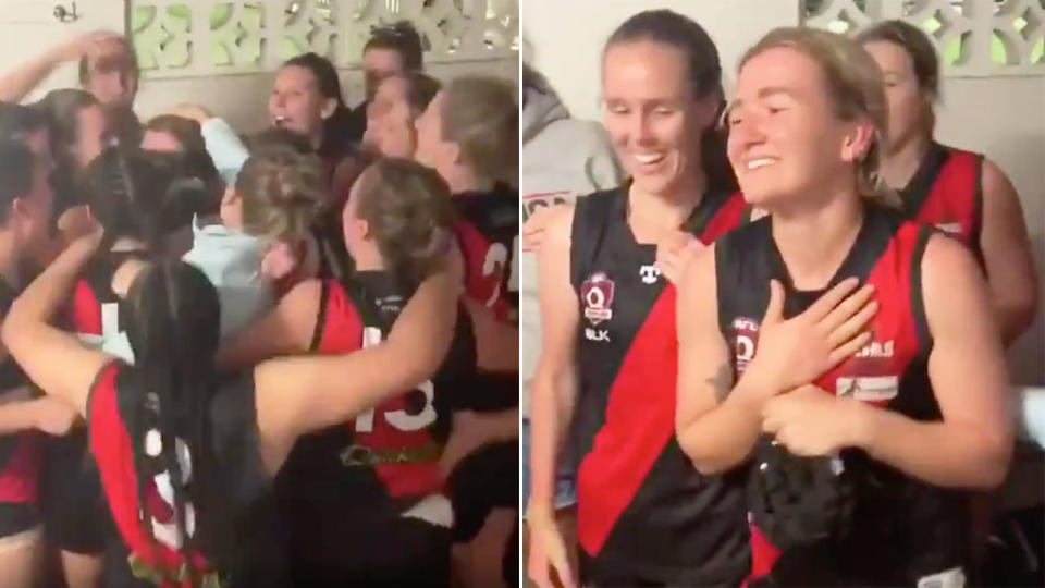 Pictured right, Jamie Howell is blown away by her teammates Auslan rendition of the club's victory song.