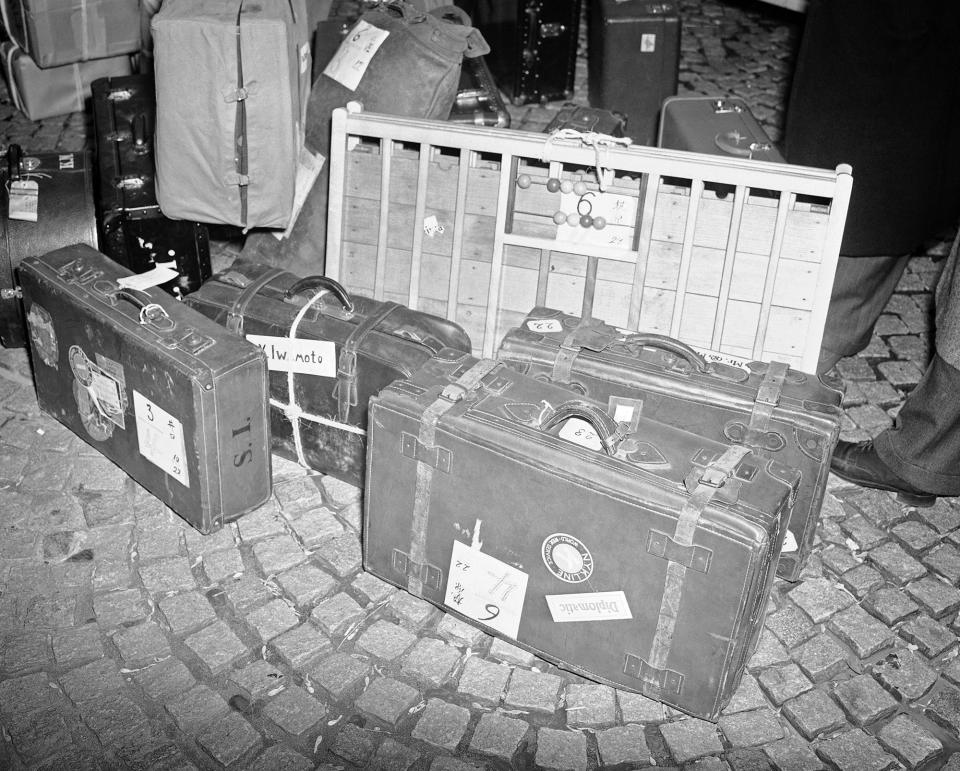 <p>Luggage of Japanese embassy staff as the staff leaves Washington, D.C., Dec. 29, 1941, for Hot Springs, Virginia internment. (AP Photo/Henry Griffin) </p>