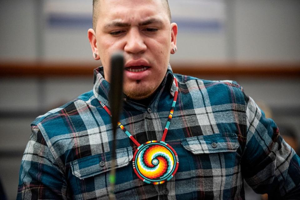 Drummers from the Nottawaseppi Huron Band of Potawatomi welcome students to Battle Creek's Coalition for Truth, Racial Healing and Transformation Youth Summit on Tuesday, Jan. 21, 2020 at W.K. Kellogg Foundation in Battle Creek, Mich. The Youth Summit takes place on the National Day of Racial Healing.