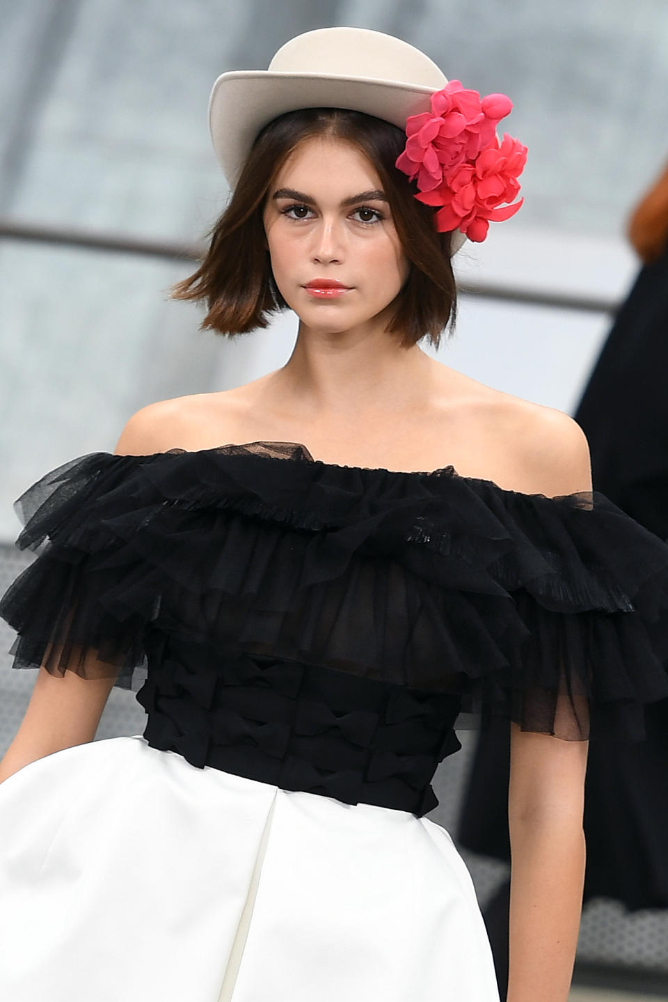 US model Kaia Gerber presents a creation by Chanel during the Women's Spring-Summer 2020 Ready-to-Wear collection fashion show at the Grand Palais in Paris, on October 1, 2019. (Photo by Christophe ARCHAMBAULT / AFP)        (Photo credit should read CHRISTOPHE ARCHAMBAULT/AFP/Getty Images)