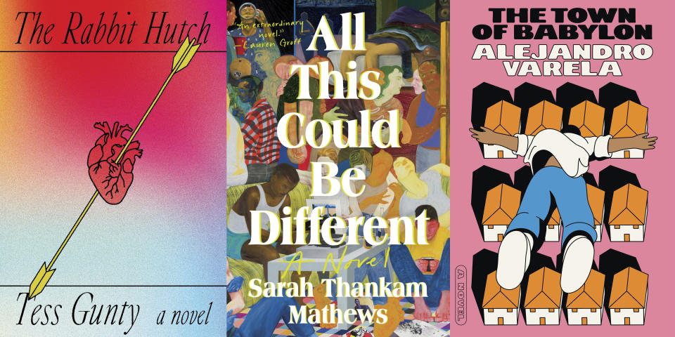 This combination of book cover images shows fiction finalists for the National Book Awards, from left, "The Rabbit Hutch" by Tess Gunty, "All This Could Be Different" by Sarah Thankam Mathews, and "The Town of Babylon" by Alejandro Varela. (Knopf/Viking/Astra House via AP)