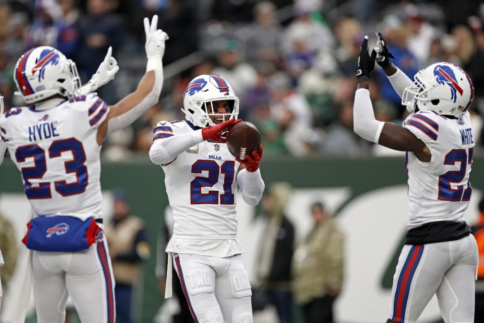 Buffalo Bills free safety Jordan Poyer (21) reacts after making an interception.