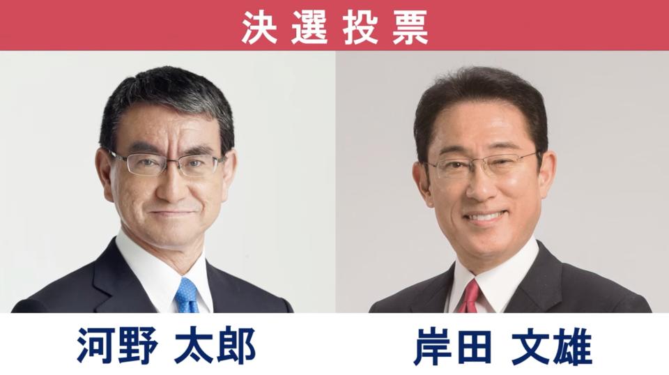 自民黨總裁選舉，由於四位參選人得票均未過半，由得票最高的兩人—岸田文雄與河野太郎—進入第二輪投票決選。