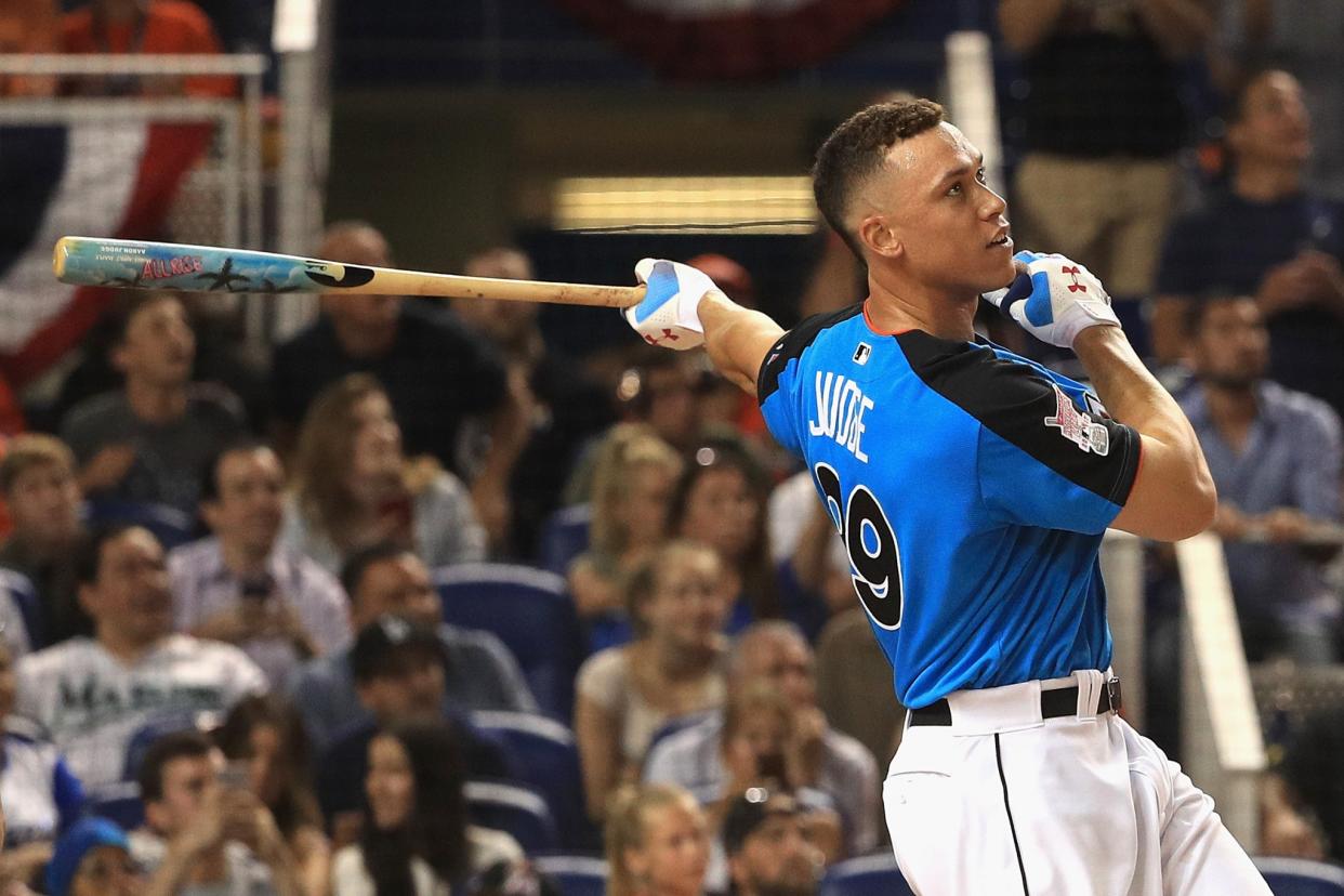 Aaron Judge #99 of the New York Yankees competes in the final round of the T-Mobile Home Run Derby at Marlins Park on July 10, 2017 in Miami, Florida.