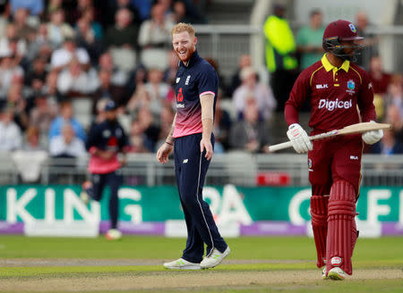 Cricket - England vs West Indies - First One Day International - Emirates Old Trafford, Manchester, Britain - September 19, 2017 England’s Ben Stokes celebrates taking the wicket of West Indies' Shai Hope Action Images via Reuters/Jason Cairnduff