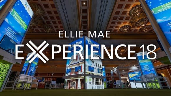 Backdrop of a house, roof of convention center, and software platform screenshots behind Ellie Mae Experience 18 banner.