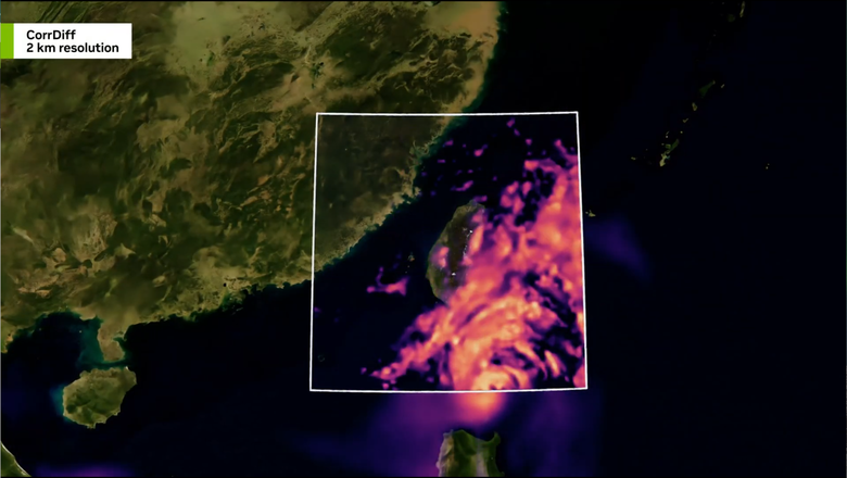 輝達GTC大會以台灣為範例，說明CorrDiff模型可更精準預測颱風。取自YouTube@NVIDIA
