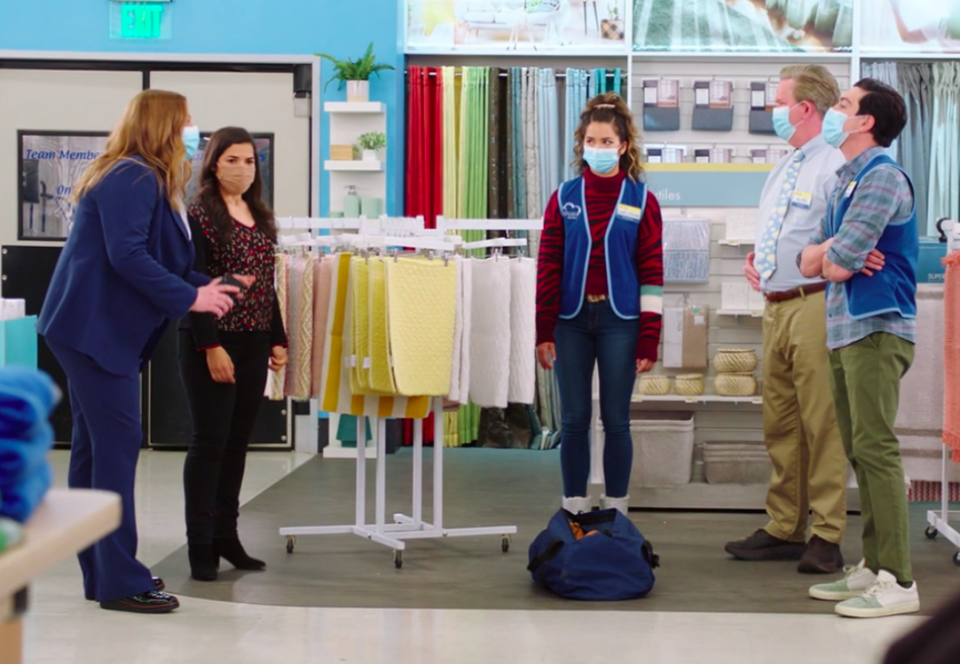 Cloud 9 employees from "Superstore" wearing masks 