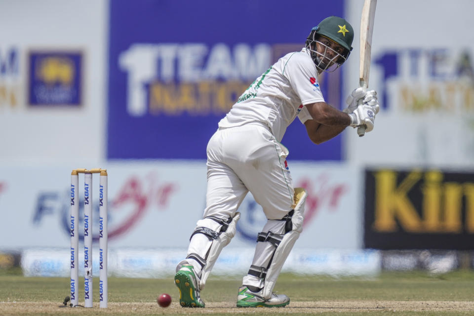 FILE - Pakistan's Noman Ali plays a shot during the third day of the first cricket test match between Sri Lanka and Pakistan in Galle, Sri Lanka, on July 18, 2023. The Pakistan spinner has become the second player in two days to withdraw from the touring squad for the remainder of the Australia three-test series due to illness and injury. Ali, who didn’t play in the 360-run defeat in the first test at Perth last week, underwent surgery for appendicitis in Melbourne on Saturday, Dec. 23. (AP Photo/Eranga Jayawardena, File)