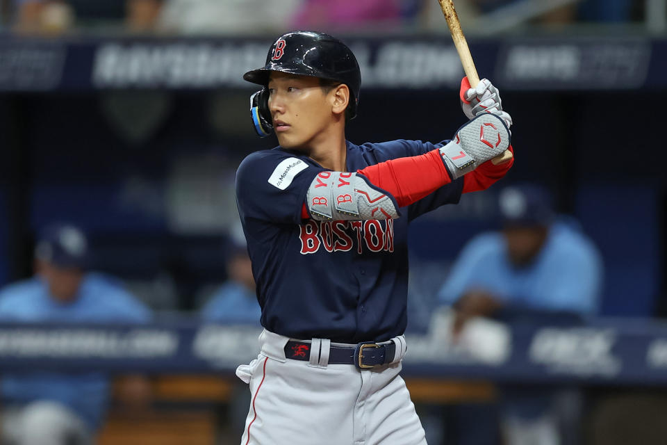 ST. PETERSBURG, FL - APRIL 10: Masataka Yoshida #7 of the Boston Red Sox bats against the Tampa Bay Rays during the second inning of a baseball game at Tropicana Field on April 10, 2023 in St. Petersburg, Florida. (Photo by Mike Carlson/Getty Images)