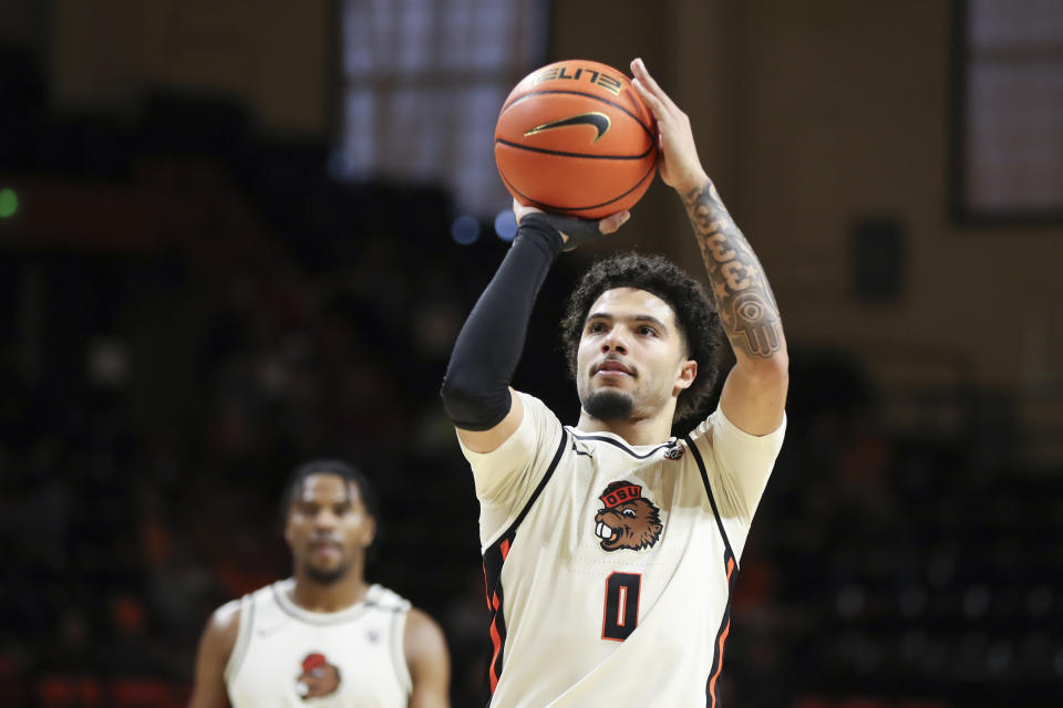 Oregon State guard Jordan Pope (0) takes a free throw against Colorado during the first half of an NCAA college basketball game Saturday, March 9, 2024, in Corvallis, Ore. (AP Photo/Amanda Loman)