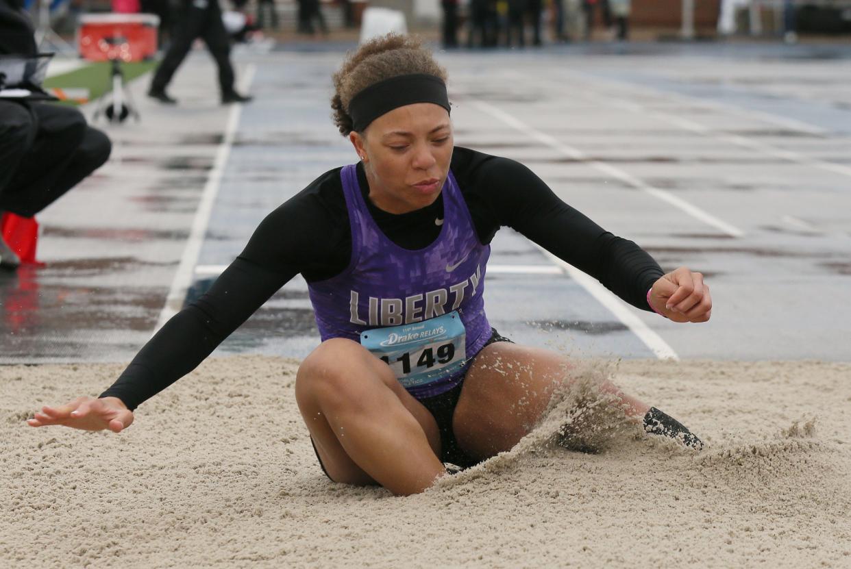 Iowa City Liberty’s Alexi Thigpin lands in the high jump event during the Drake Relays on Friday, April 26, 2024, in Des Moines, Iowa. The second-year Lightning finished in sixth place.