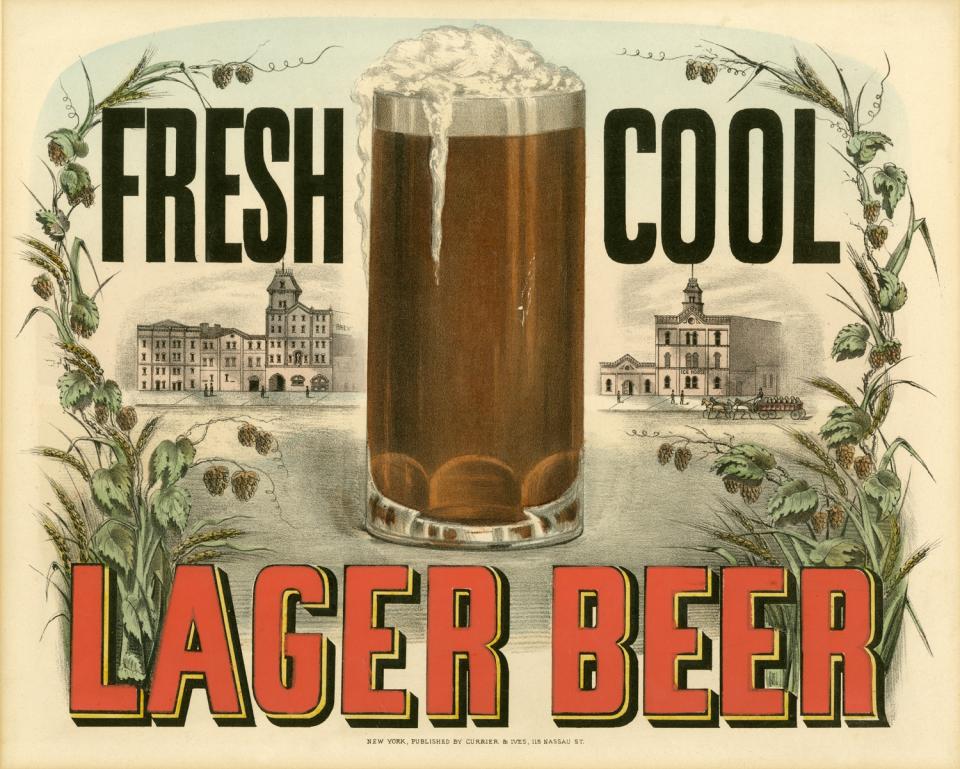 This undated photo provided by the New-York Historical Society shows a Currier & Ives color lithograph “Fresh Cool Lager Beer,” dated 1877-1894, which will be a part of the uncoming exhibit "Beer Here," featuring a small beer hall and the chance to try a selection of New York City and state artisanal beers. (AP Photo/ New-York Historical Society)