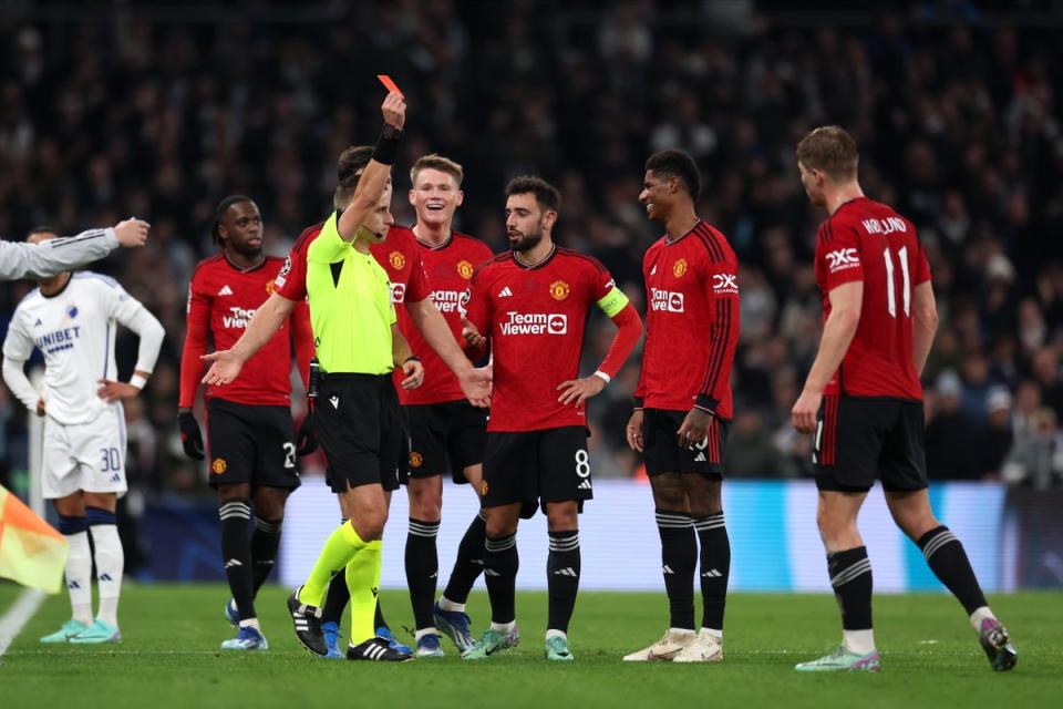 Marching orders: Marcus Rashford was sent off for a controversial red card (Getty Images)