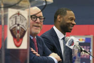 Willie Green is introduced as the new head coach for the New Orleans Pelicans NBA basketball team, in Metairie, La., Tuesday, July 27, 2021. At left is Pelicans Executive Vice President of Basketball Operations David Griffin. (AP Photo/Ted Jackson)
