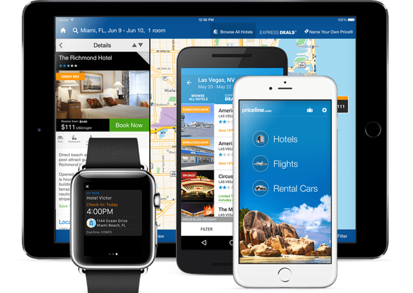 The Priceline app running on a tablet, two phones, and a smartwatch.