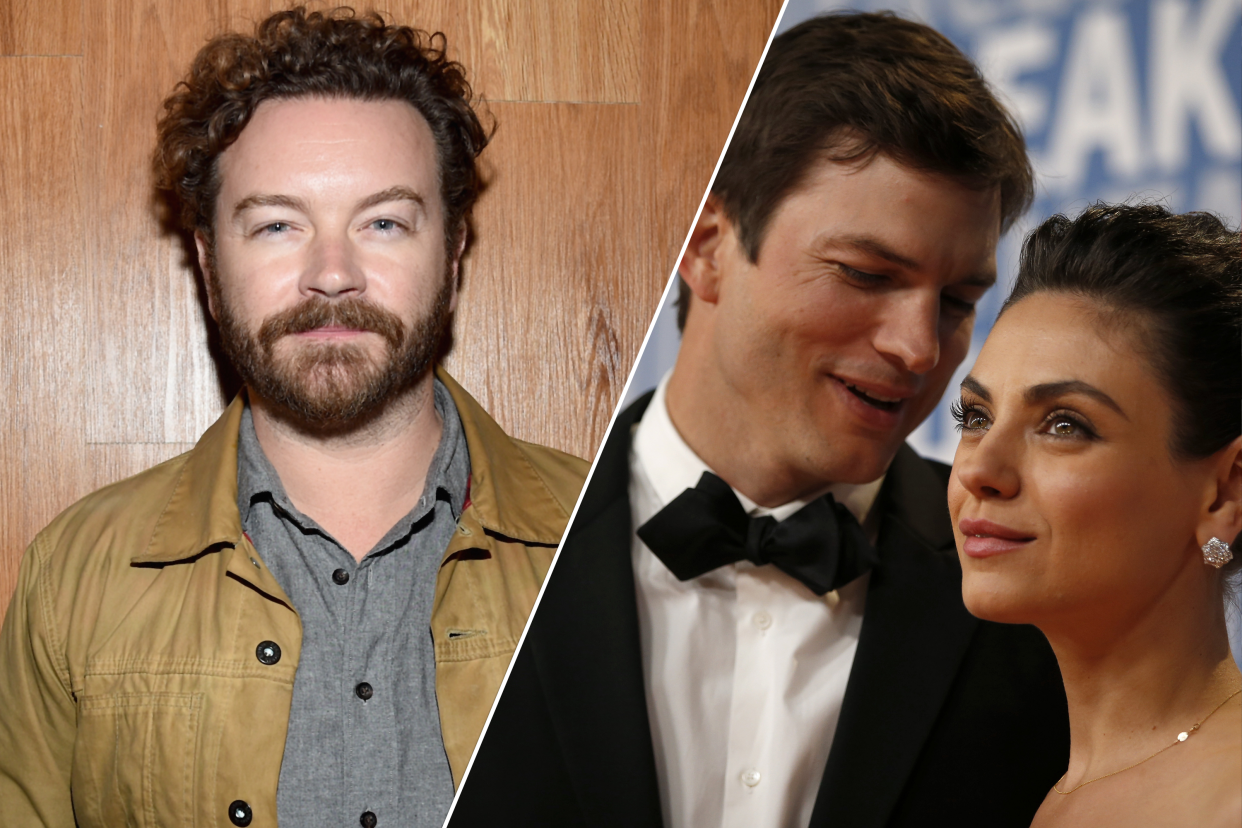 Danny Masterson looks at the camera; Ashton Kutcher stands next to Mila Kunis at a black-tie event.