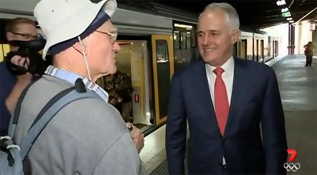 Malcolm Turnbull meets with the disgruntled voter at Hurstville train station. Photo: 7 News
