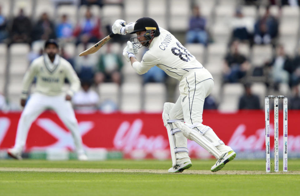 New Zealand's Devon Conway bats during the third day of the World Test Championship final cricket match between New Zealand and India, at the Rose Bowl in Southampton, England, Sunday, June 20, 2021. (AP Photo/Ian Walton)