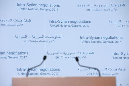 The podium is pictured before the opposition delegation for the Geneva IV on Syria news conference at the United Nations office in Geneva, Switzerland February 24, 2017. REUTERS/Pierre Albouy