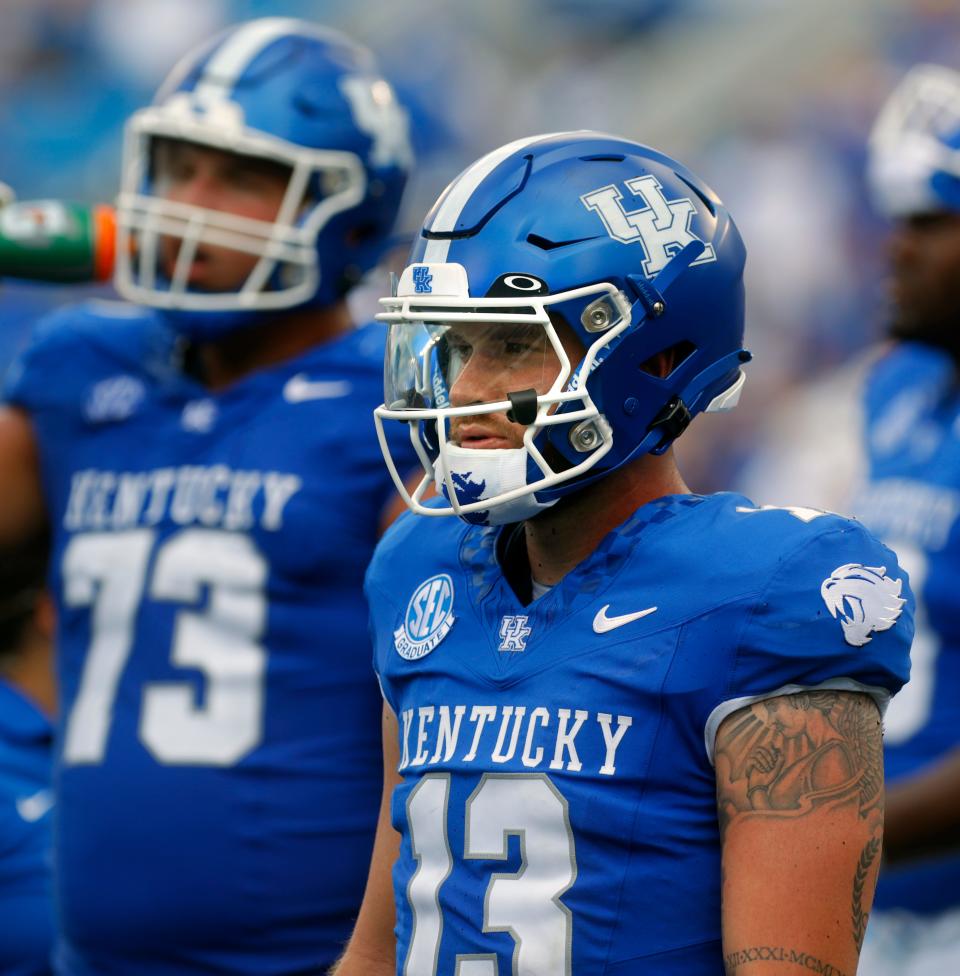 Kentucky’s Devin Leary looks to the sideline during a timeout against Ball State at Kroger Field.
Sept. 2, 2023