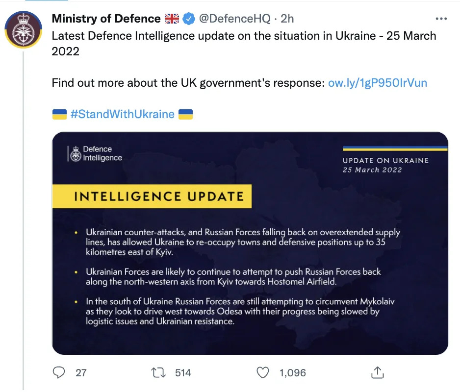 The MoD shared its latest intelligence update on Twitter. (Twitter/MoD)