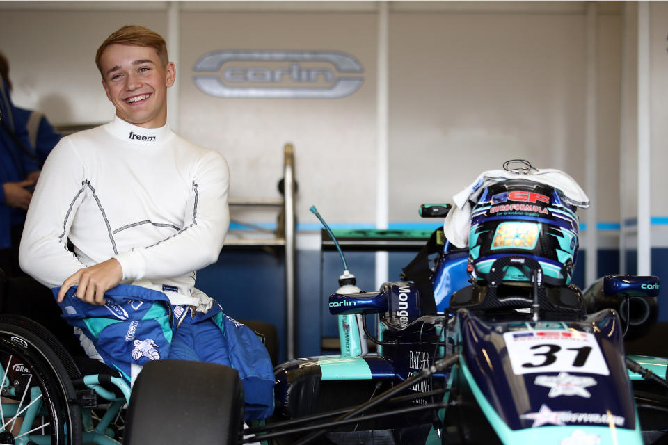 NORTHAMPTON, ENGLAND - SEPTEMBER 08: Billy Monger of Great Britain and Carlin Motorsport prepares for race 2 of the Euroformula Open Series race at Silverstone Circuit on September 08, 2019 in Northampton, England. (Photo by Bryn Lennon/Getty Images)