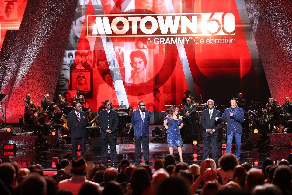 Eddie Holland, Lamont Dozier, Brian Holland, Valerie Simpson, William 'Mickey' Stevenson and Smokey Robinson appear on stage during Motown 60: A GRAMMY Celebration at Microsoft Theater on Feb. 12, 2019, in Los Angeles.