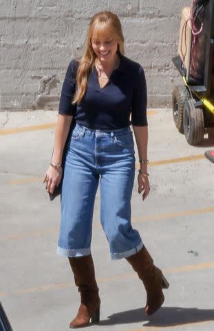 <p>BACKGRID</p> Margot Robbie on the set of a 'A Big Bold Beautiful Journey'
