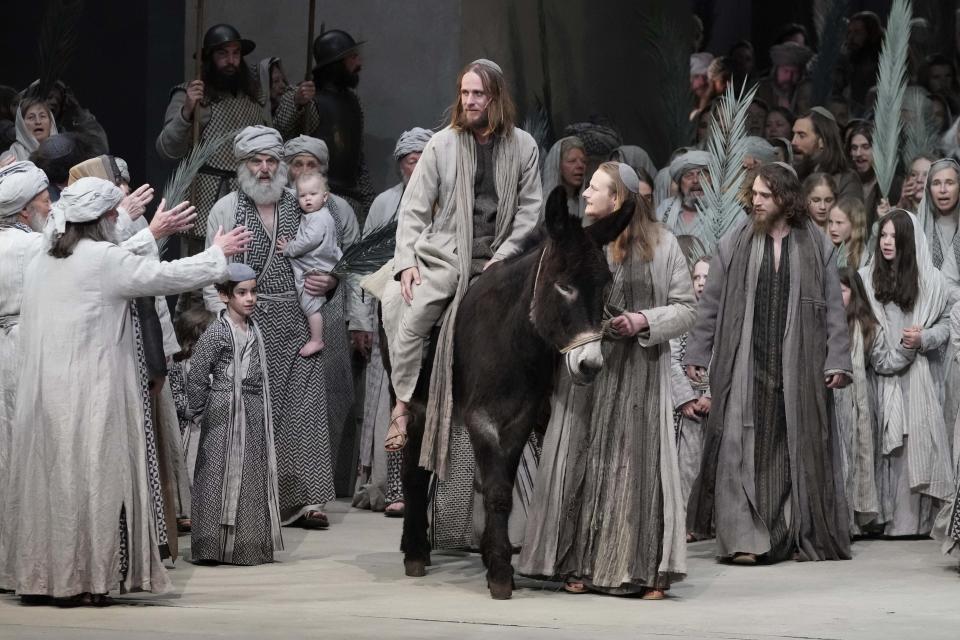 Frederik Mayet as Jesus performs during the rehearsal of the 42nd Passion Play in Oberammergau, Germany, Wednesday, May 4, 2022. (AP Photo/Matthias Schrader)