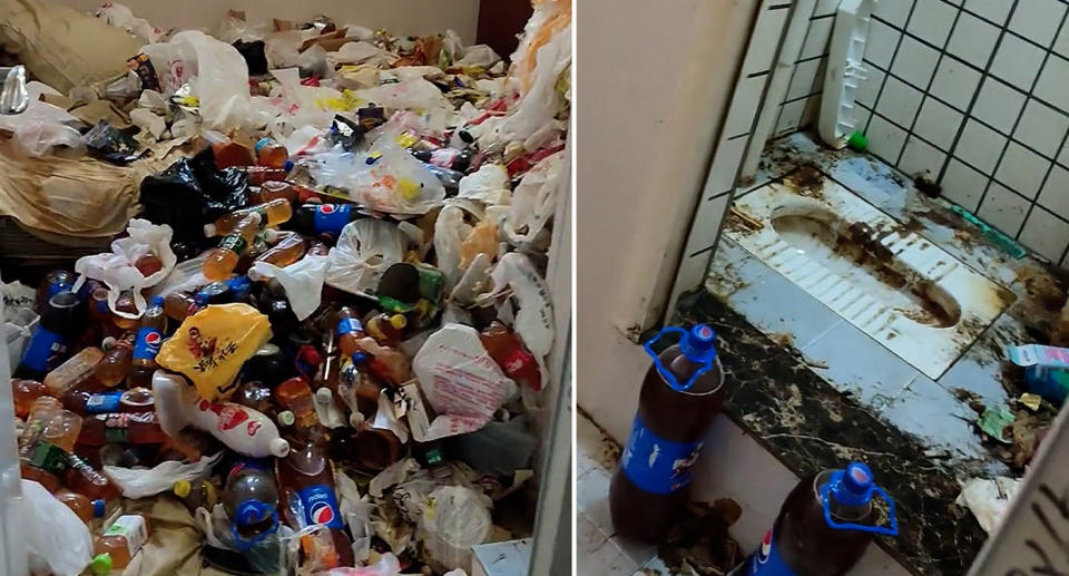 Footage shows garbage inside a hoarder's hotel room in Chongqing, China.