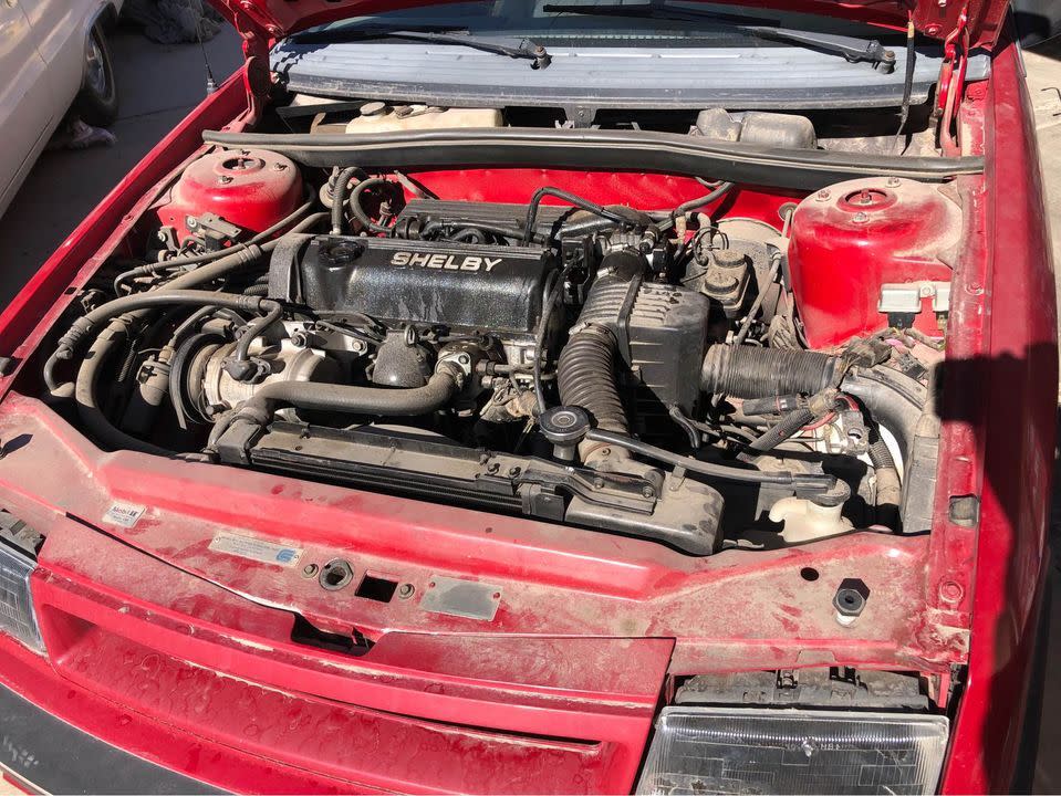 1988 shelby csx prototype vehicle engine shot with hood up showing dirty condition