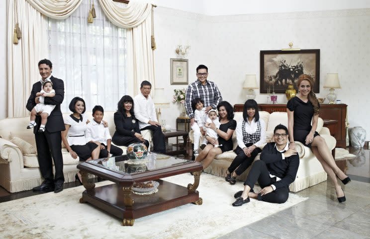 The Marican family (from left to right): Hafid Moukhtari (carrying Hanna), Nadia (with Hans), Sapiyah Abu Bakar, Salleh Marican, Ferus Bakar, (with Adam), Radiah (with Alia), Sofia, Amal and Shirin Roghani. Photo courtesy of Nadia Marican