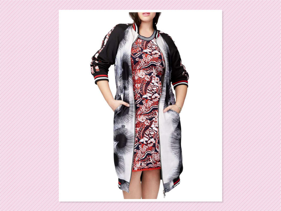 <p>Rachel By Rachel Roy Mixed Print Duster Bomber, $199, <a rel="nofollow noopener" href="http://shop.nordstrom.com/s/rachel-rachel-roy-mix-print-duster-bomber-plus-size/4640909?origin=keywordsearch-personalizedsort&fashioncolor=BLACK%2F%20WHITE%20COMBO" target="_blank" data-ylk="slk:Nordstrom;elm:context_link;itc:0;sec:content-canvas" class="link ">Nordstrom</a> (Photo: Nordstrom) </p>