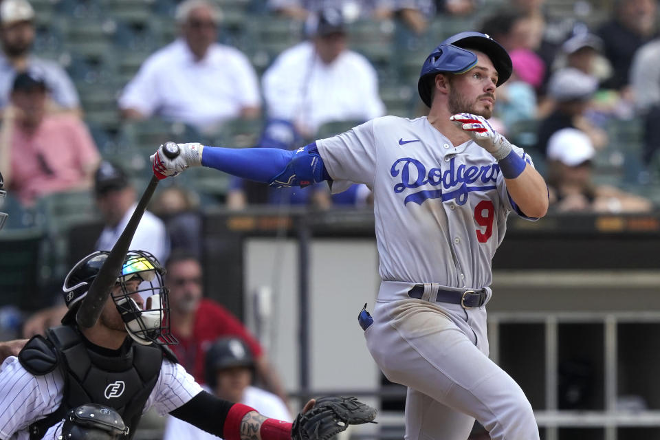 Los Angeles Dodgers' Gavin Lux watches his RBI double against the Chicago White Sox during the ninth inning of a baseball game Thursday, June 9, 2022, in Chicago. (AP Photo/Charles Rex Arbogast)