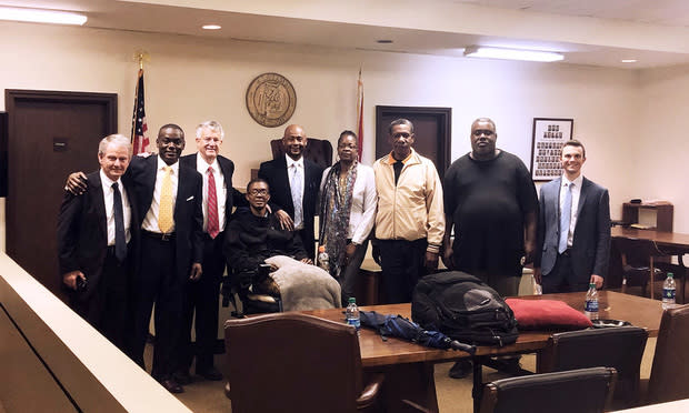 Beasley Allen trial team in the Smith v Ford case, with plaintiff Tre Smith and his family (from left) Bill Gamble, local counsel from Selma, Kendall Dunson, with Beasley Allen, Greg Allen, with Beasley Allen, plaintiff Tre Smith, Beasley Allen 1st attorney LaBarron Boone, plaintiffs mother Stacy Bynum, step-father Markle Bynum, plaintiff’s father Frank Turner, and Dan Philyaw, with Beasley Allen.