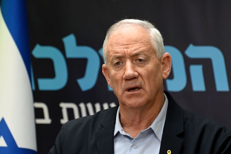 National Unity leader and member of the Israeli war cabinet Benny Gantz speaks to the press in the Knesset in Jerusalem on Wednesday. Photo by Debbie Hill/UPI