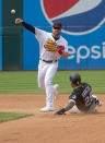 Cleveland Indians' Owen Miller, left, throws to first base to complete a double play after forcing out Chicago White Sox's Leury Garcia, right, at second during the fourth inning of a baseball game in Cleveland, Sunday, Sept. 26, 2021. (AP Photo/Phil Long)