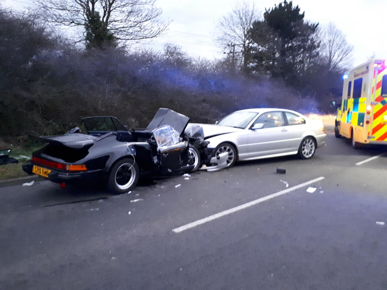 Pasat failed to clear his windscreen and collided head on with a Porsche 911. (Cambridgeshire Constabulary/SWNS)