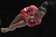 United States' Simone Biles competes on the vault during the apparatus finals at the Artistic Gymnastics World Championships in Antwerp, Belgium, Saturday, Oct. 7, 2023. (AP Photo/Geert vanden Wijngaert)