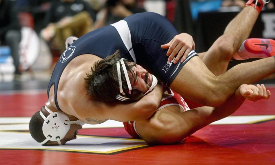 Penn State’s Aaron Brooks controls Nebraska’s Silas Allred in a 197 lb semifinal bout of the Big Ten Wresting Championships at the Xfinity Center at the University of Maryland on Saturday, March 9, 2024.