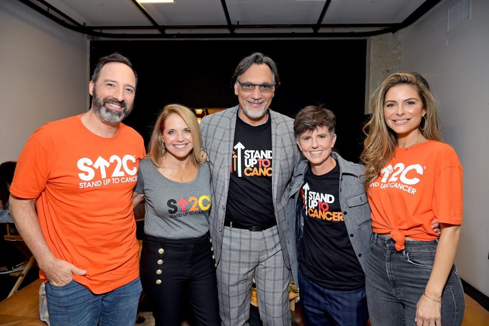 (L-R) Tony Hale, SU2C co-Founder Katie Couric, Jimmy Smits, Tig Notaro and Maria Menounos attend the Stand Up To Cancer 2025 telecast.