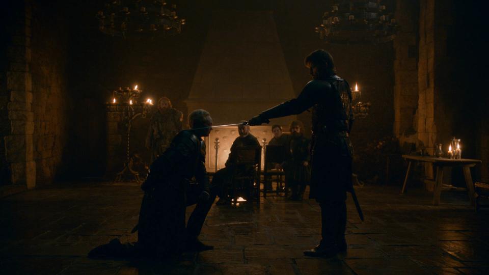 Brienne of Tarth gets knighted by Jamie Lannister at last. | Helen Sloan/HBO