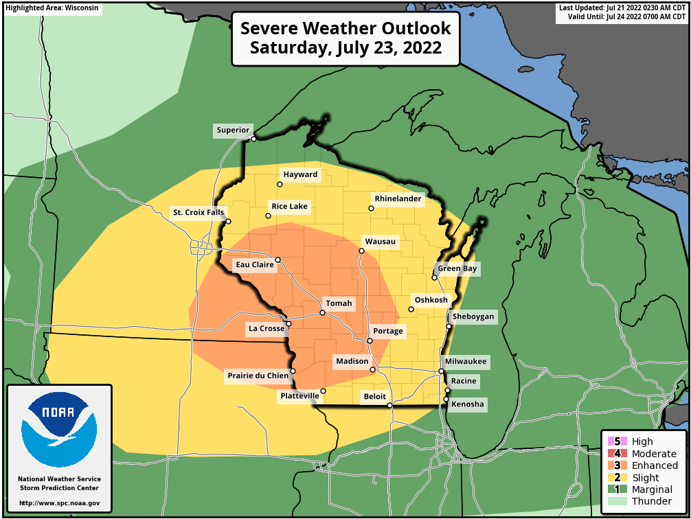 All of Wisconsin, including, Milwaukee, Green Bay, Appleton, Oshkosh, Madison, La Crosse and Eau Claire, are under a risk for severe storms on Saturday.