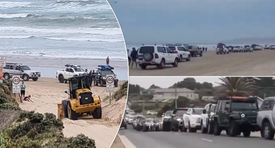 Traffic jam seen at Goolwa Beach on the sand and on Beach Road. 