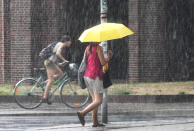 <p>In der Landeshauptstadt von Niedersachsen kam es zu intensiven Regenfällen. Eine Frau in der Innenstadt schützt sich mit einem Schirm vor den Wassermassen. (Bild: Holger Hollemann/dpa) </p>