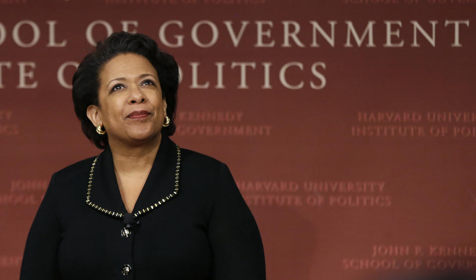 FILE - Former U.S. Attorney General Loretta Lynch looks at the audience during a conference at Harvard University's Kennedy School of Government, Friday, April 7, 2017, in Cambridge, Mass. Northwestern has hired former U.S. Attorney General Attorney General Loretta Lynch to lead an investigation into the culture of its athletic department and its anti-hazing procedures following allegations of abusive behavior and racism within the football program and other teams. (AP Photo/Elise Amendola, File)