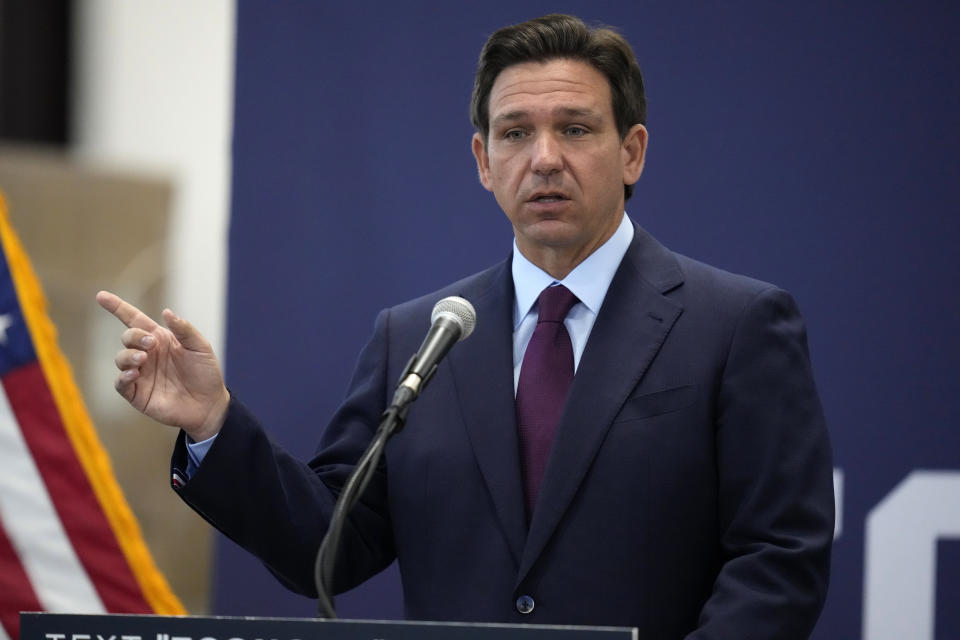 Republican presidential candidate Florida Gov. Ron DeSantis gestures during a campaign event, Monday, July 31, 2023, in Rochester, N.H. (AP Photo/Charles Krupa)