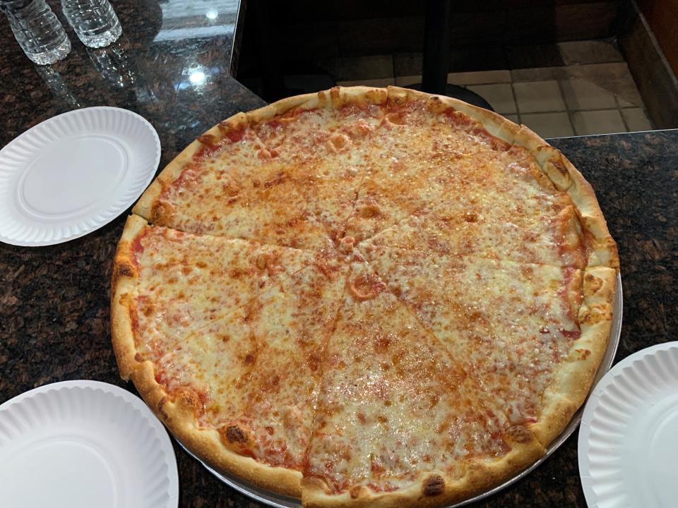 A cheese pizza from Bravo Pizza in New York City.