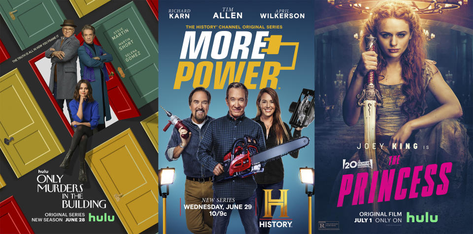 En esta combinación de fotos, el arte de "Only Murders in the Building", una serie de Hulu que regresa el 28 de junio en su segunda temporada; "More Power", que se estrena el 29 de junio en History Channel, y "The Princess", una película que debuta el 1 de julio en Hulu (Hulu/History/Hulu vía AP)